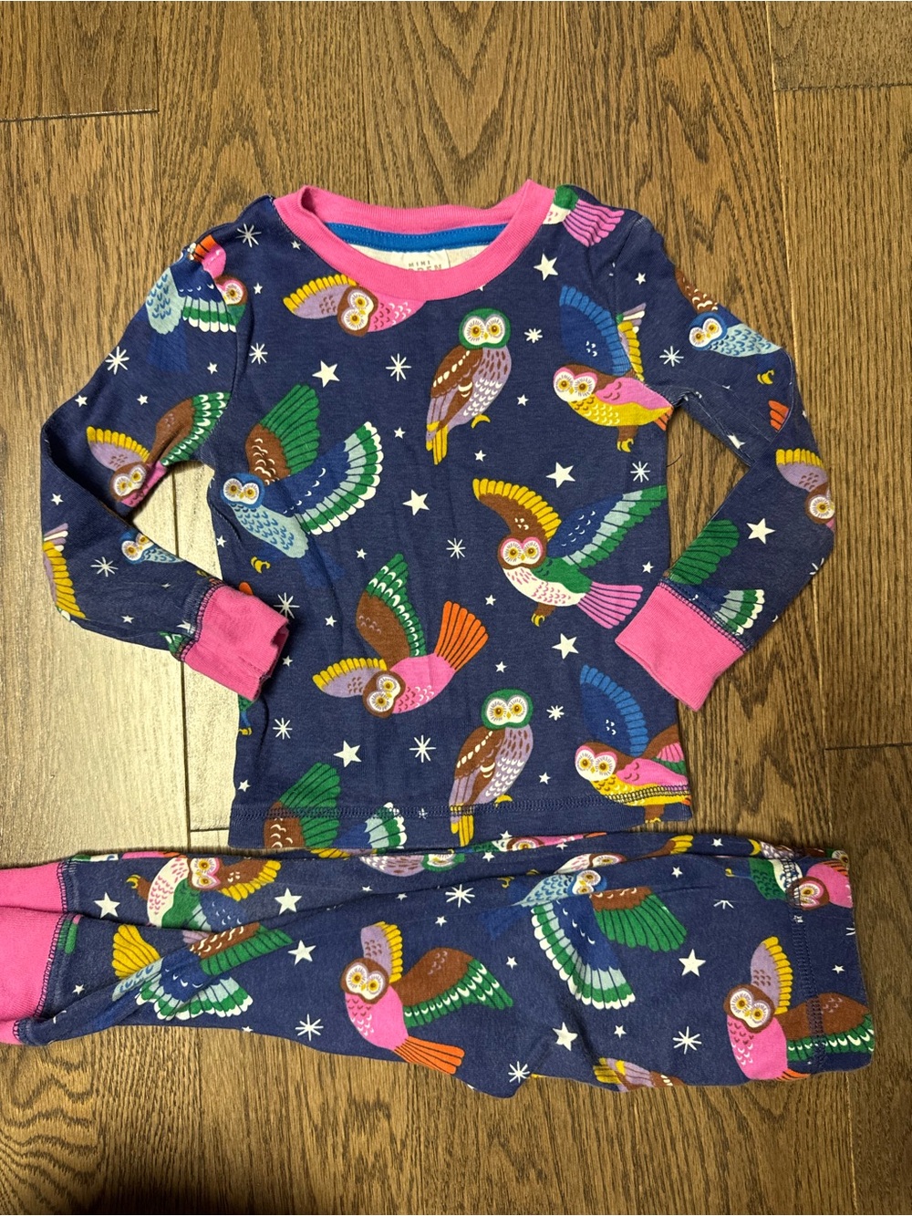 Mini Boden Navy Owl Pajama Set with Pink Trim and Multicolor Owls